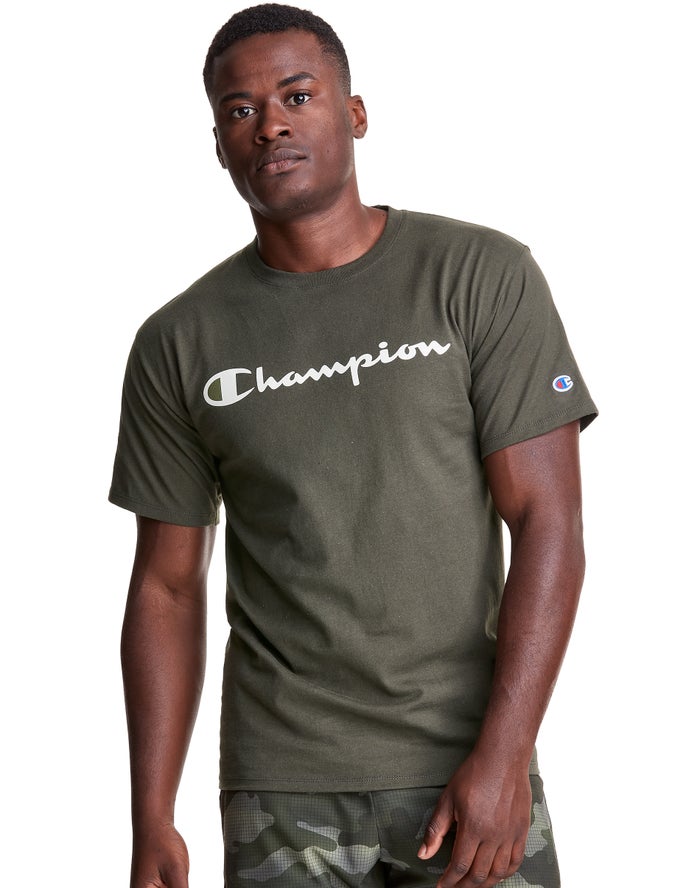 Champion Herre T-Shirts Olivengrøn - Classic Jersey Script Logo - Danmark NUG-485693